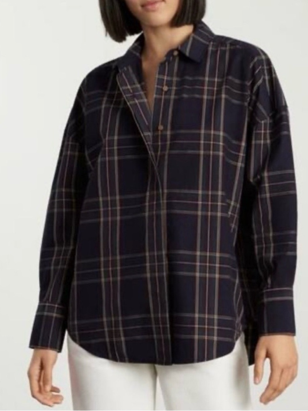 Everlane The Oversized Plaid Poplin Shirt in Midnight Blue Size Large